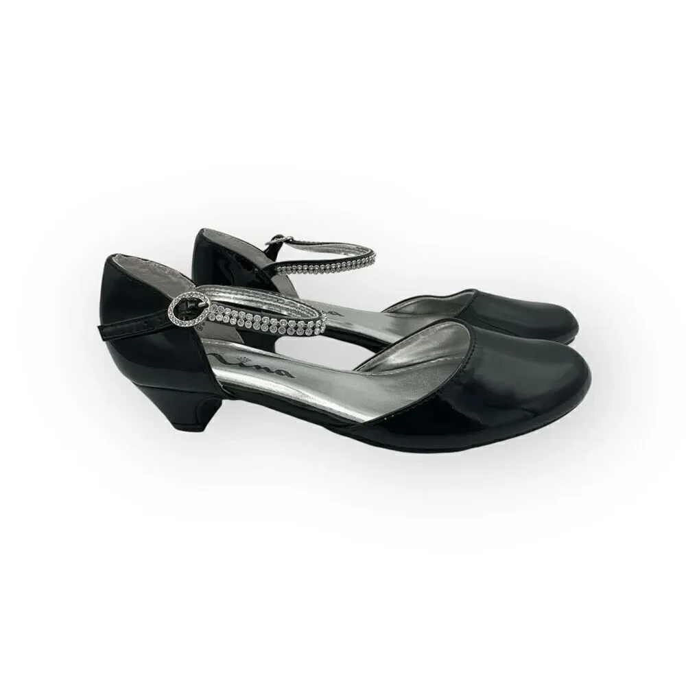 Nina Girls Cera Patent Leather Rhinestone Strap D'Orsay Heels Shoes Black Sz 3M
